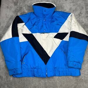 Vintage CB Sports Blue White Puffer Jacket Size Large Aztec 1990s Y2K Streetwear